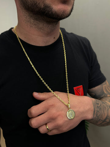 CORRENTE CADEADO DE QUINA 3MM - 70CM + PINGENTE SÃO BENTO - BANHADO A OURO 18K