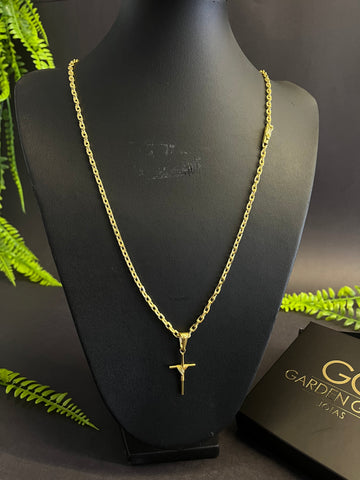 Cadeado de quina 3mm + Cruz enrolada P - Banhado a ouro 18k