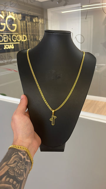 Corrente Grummet 4mm + Pingente Cruz 3D | Pulseira GRÁTIS | Moeda antiga