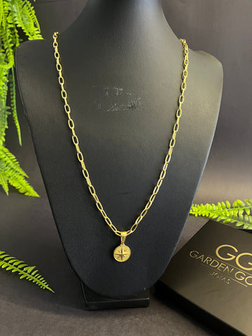 Corrente Tijolinho meia cana 4mm + Pingente Rosa dos Ventos - Banhado a ouro 18k