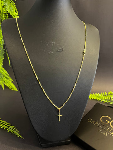 Corrente Cadeado de quina 1mm + Cruz palito MINI - Banhado a ouro 18k