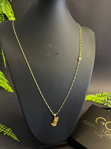 Corrente Cadeado alongado 1mm + Pingente Mão orando MINI - Banhado a ouro 18k