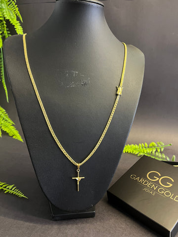 Corrente Grummet 3mm + Cruz amarrada P - Banhado a ouro 18k