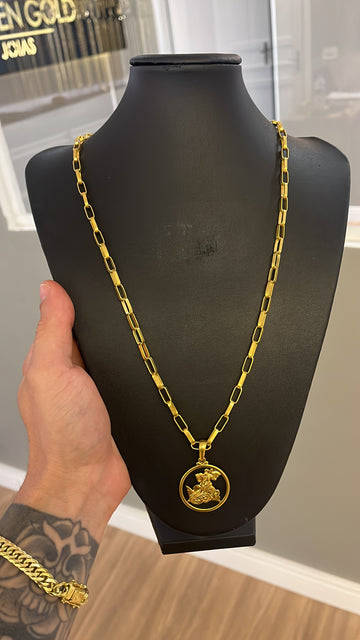 Corrente Tijolinho 5mm + Pingente São Jorge redondo vazado - Moeda antiga