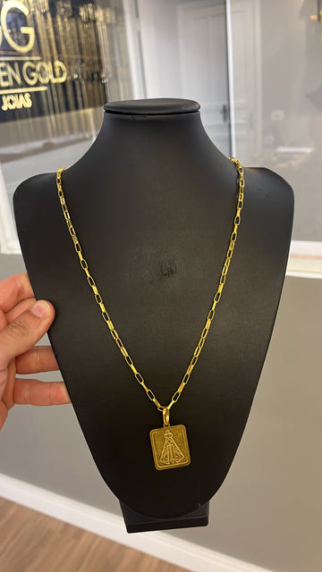 Corrente Tijolinho 4mm + Pingente Nossa Senhora quadrado - Moeda antiga