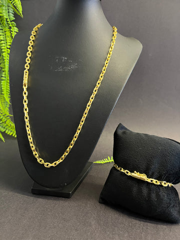 Corrente + Pulseira Cadeado de quina 6mm - Fecho bomba - Banhado a ouro 18k