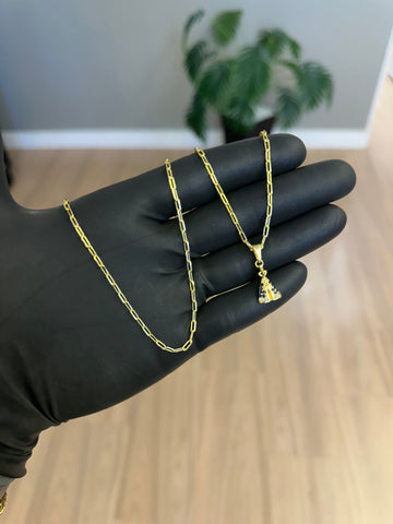 CORRENTE CADEADO ALONGADO 1,5MM + PINGENTE NOSSA SENHORA CRAVEJADO PEQUENO - BANHADO A OURO 18K