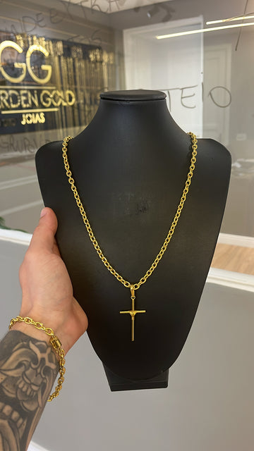 Corrente Cadeado 4mm + Pingente Cruz | Pulseira GRÁTIS - Moeda antiga