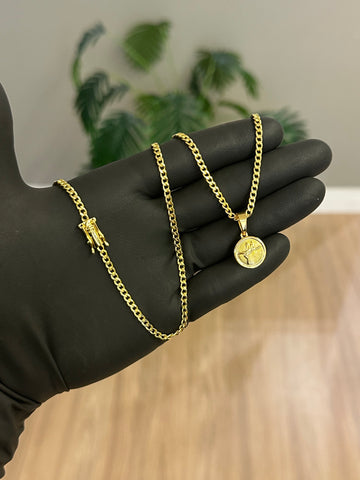 CORRENTE PITBULL 3MM + PINGENTE FÉ REDONDO PEQUENO - BANHADO A OURO 18K