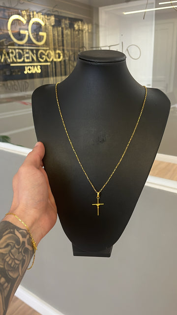 Corrente Tijolinho 1mm + Cruz enrolada P | Pulseira GRÁTIS - Moeda antiga