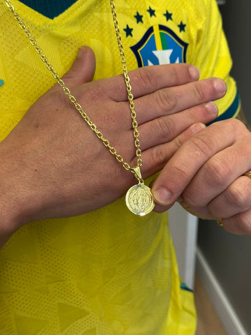 CORRENTE CADEADO DE QUINA 3MM - 70CM + PINGENTE SÃO BENTO - BANHADO A OURO 18K