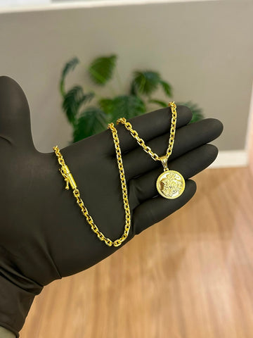 CORRENTE CADEADO 3MM + PINGENTE SÃO JORGE REDONDO - BANHADO A OURO 18K
