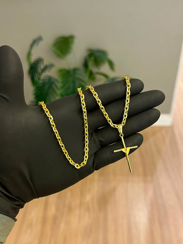 CORRENTE CADEADO 4MM + PINGENTE CRUZ ENROLADA MÉDIO - BANHADO A OURO 18K