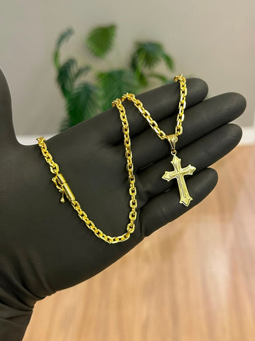 CORRENTE CADEADO 4MM + PINGENTE CRUZ DETALHADA - BANHADO A OURO 18K
