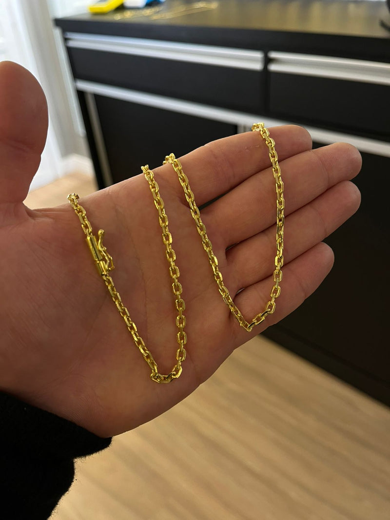 CORRENTE CADEADO DE QUINA 3MM - 70CM (FECHO CANHÃO) - BANHADO A OURO 18K