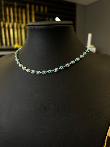 Colar chocker olho grego azul 35cm + 5cm extensor - Banhado a ouro 18k