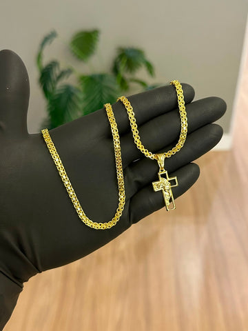 CORRENTE DUPLO CADEADO 4MM + PINGENTE ROSTO DE CRISTO NA CRUZ VAZADA - BANHADO A OURO 18K