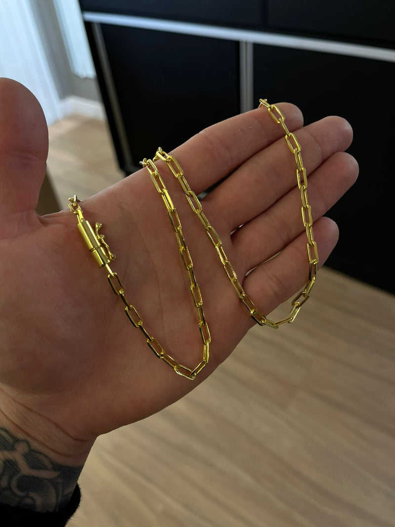 CORRENTE CADEADO ALONGADO 4MM - 7CM (FECHO CANHÃO) - BANHADO A OURO 18K