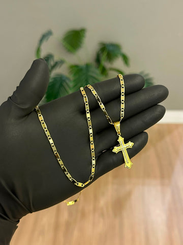 CORRENTE PIASTRINE 3MM + PINGENTE CRUZ DETALHADA - BANHADO A OURO 18K