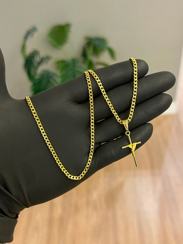 CORRENTE PITBULL 3MM + PINGENTE CRUZ ENROLADA P - BANHADO A OURO 18K