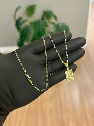 CORRENTE TIJOLINHO 1,5MM - 70CM + PINGENTE SÃO JORGE PEQUENO - BANHADO A OURO 18K