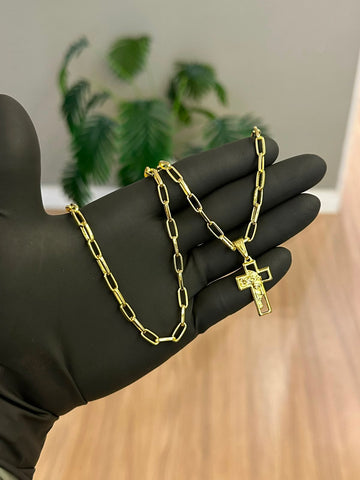 CORRENTE TIJOLINHO 4MM - 70CM + PINGENTE ROSTO DE CRISTO NA CRUZ VAZADA - BANHADO A OURO 18K