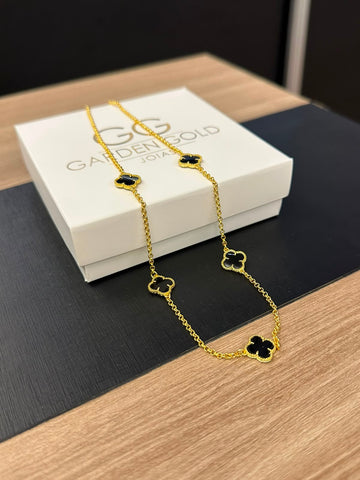 COLAR TREVO ÔNIX PRETO - 45CM - BANHADO A OURO 18K